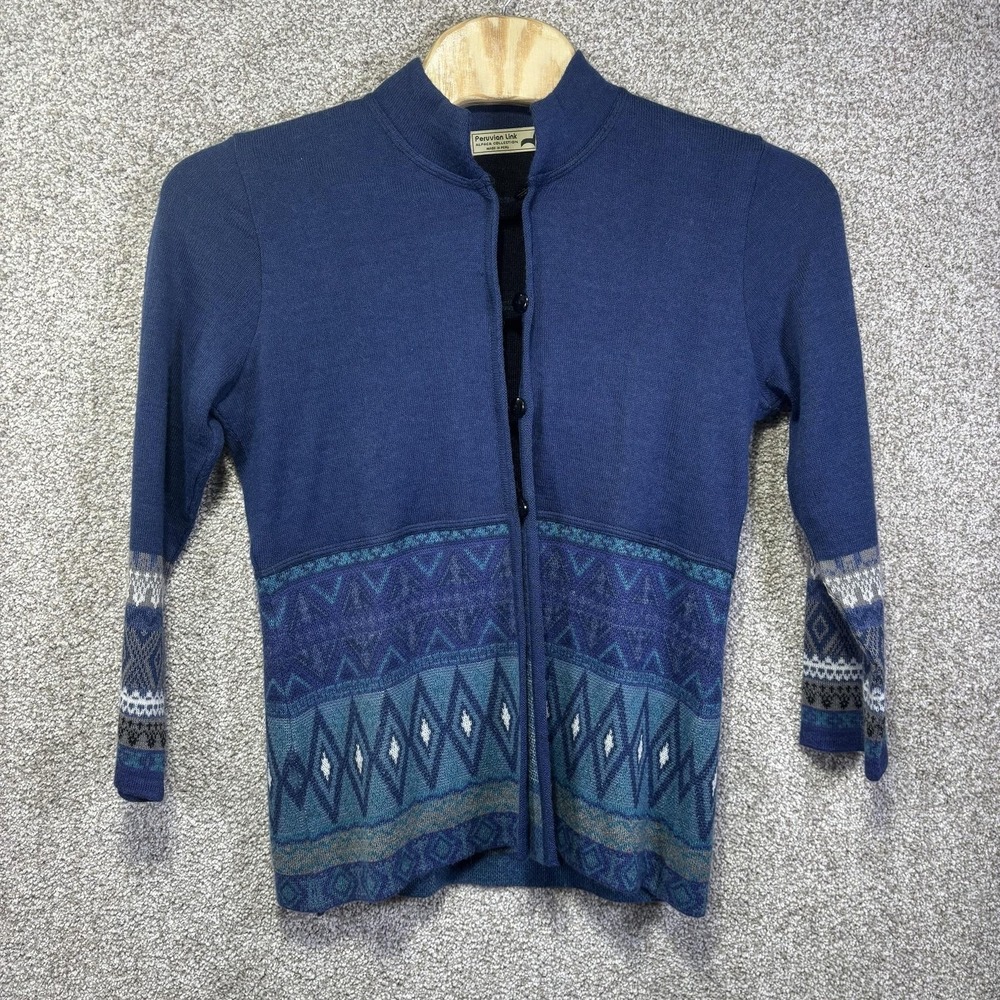 Peruvian Link‎ Sweater Womens TX Blue Alpaca Geometric Knit Button Cardigan